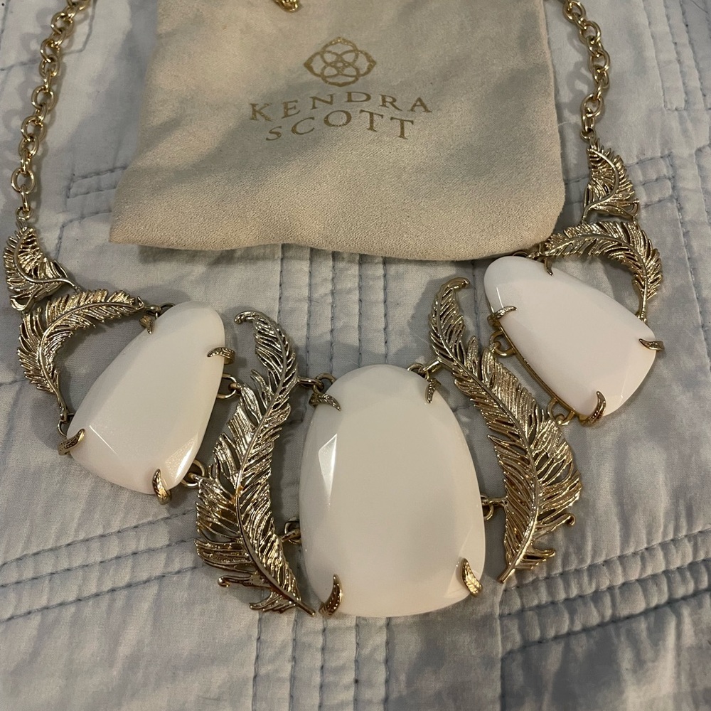 Vintage Kendra Scott Gold Necklace with White Stones and Feather Motif